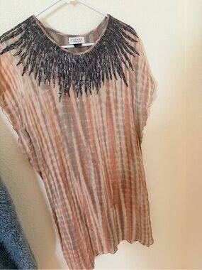 Beaded-Neck Pink Tie-Dye Cap Sleeve Tunic